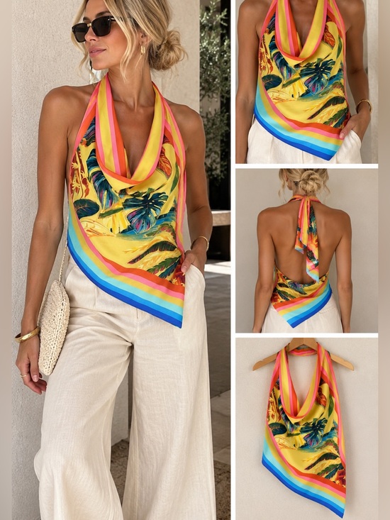 FARM Rio Tops - FARM Rio Yellow Tropical Scarf Halter Top with Multicolor Stripes
